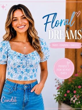 NWT Blu Pepper Blue Floral Puff Sleeve Sweetheart Crop Top Tie Back Size S